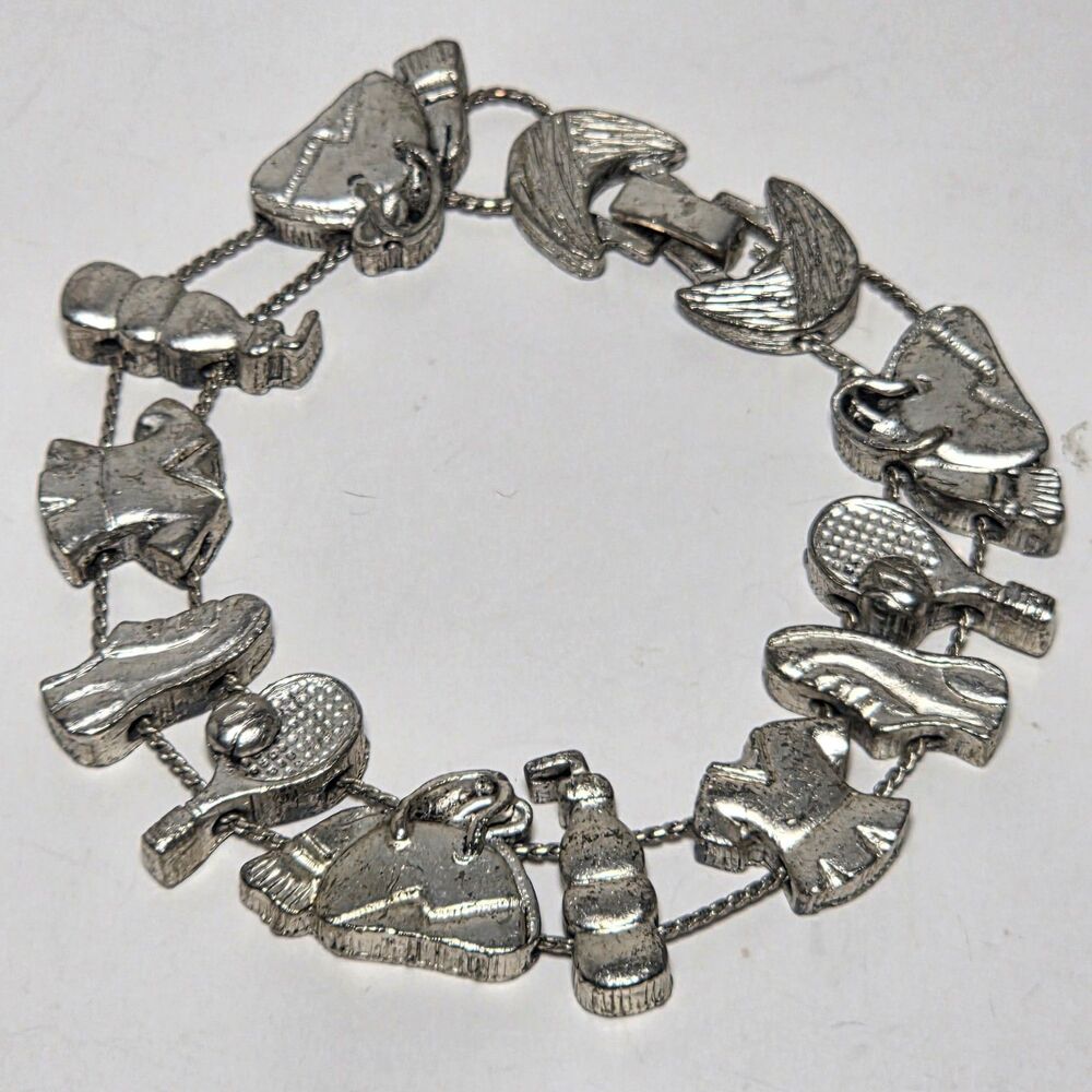 Vintage 90s TOFA Tennis Theme Slider Bracelet Silver Tone 1995 BG Jewelry 7.25"